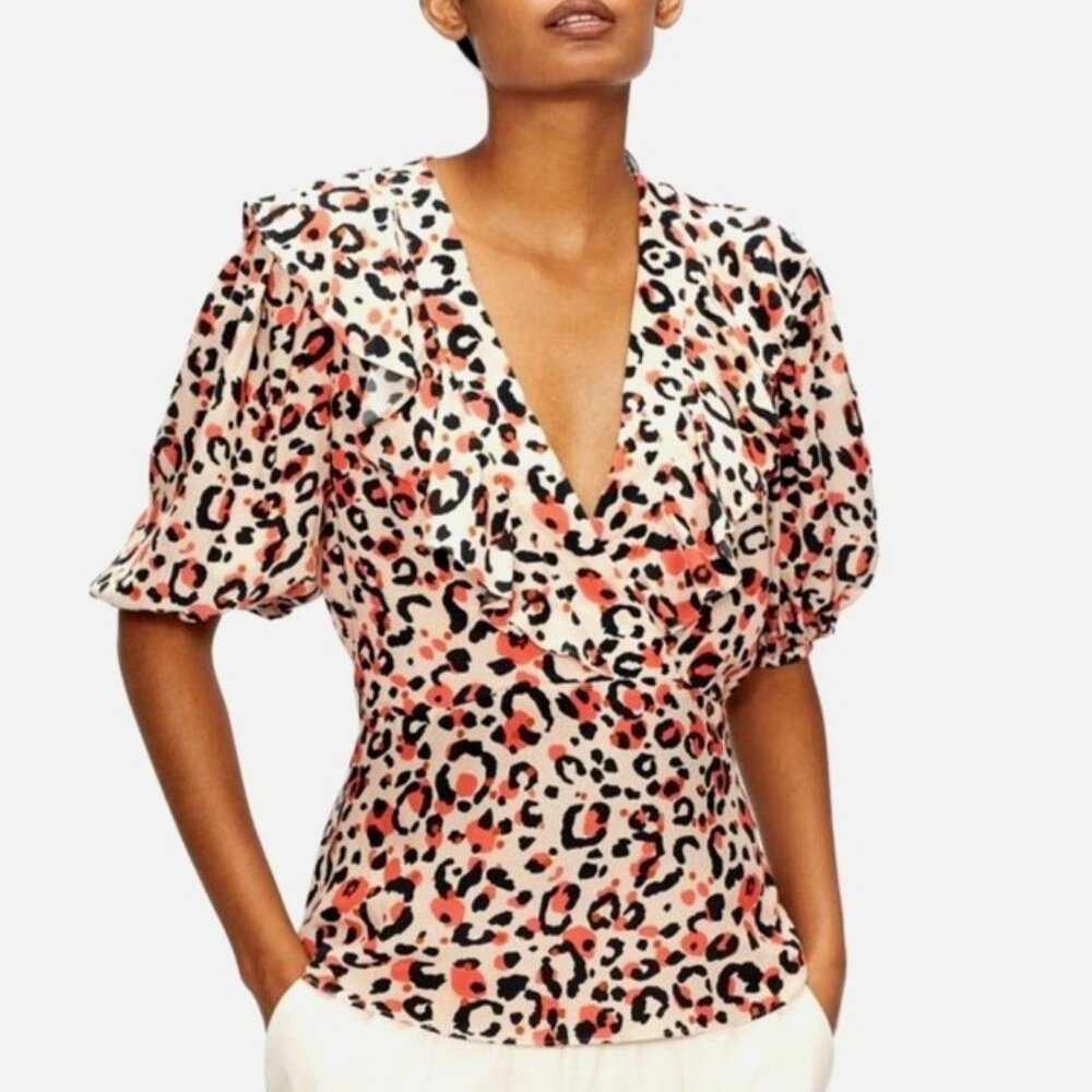 TED BAKER Coralo Frilled Balloon Sleeve Top 2 Leopard Print V Neck Ruffle
